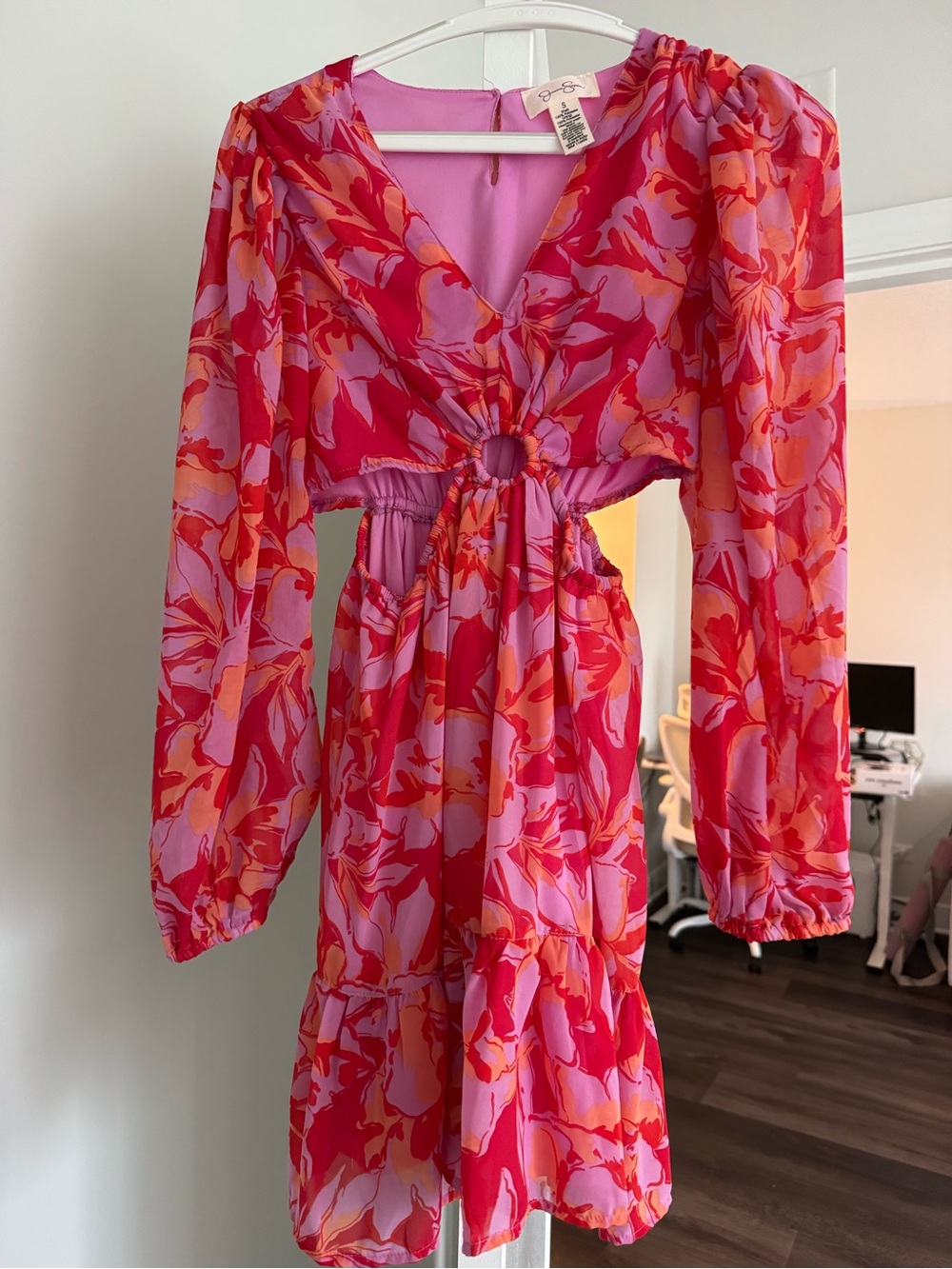 Jessica Simpson Pink and Orange Floral Long Sleeve Cutout Dress